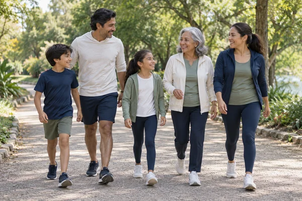 Familia de tres generaciones caminando por un parque