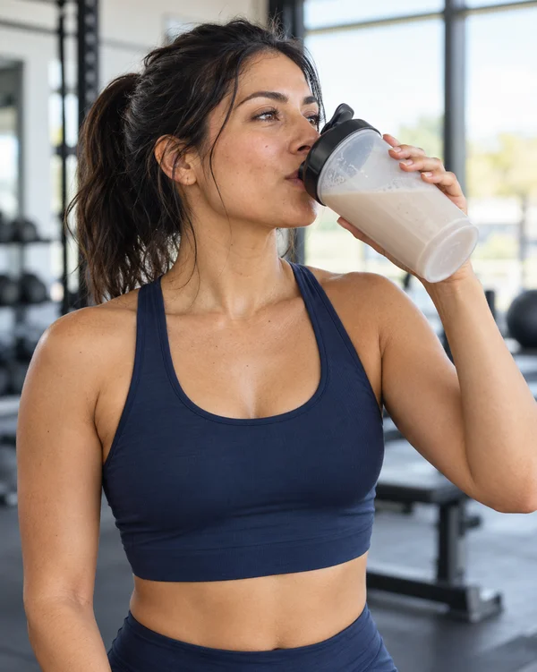 Mujer tomando un batido de proteína después de entrenar