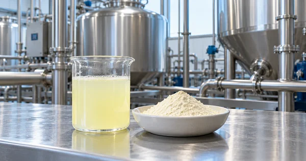 Suero líquido y proteína en polvo junto a equipos de filtración láctea
