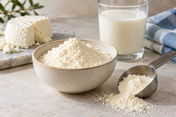 Proteína de suero en polvo junto a una medida, leche y queso fresco