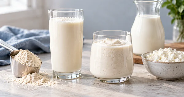 Batidos de proteína, leche y cuajada para comparar whey y caseína